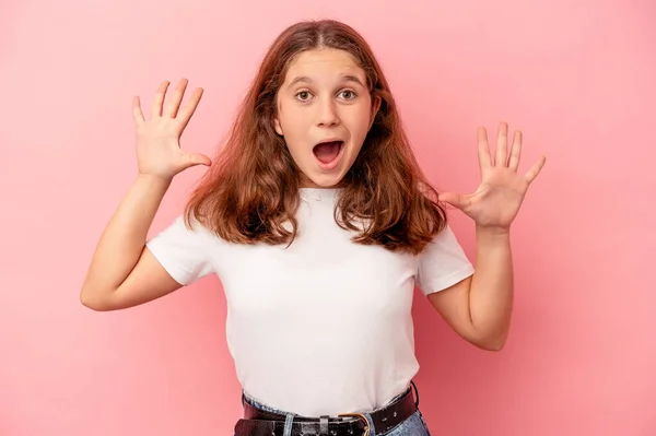 Little Caucasian Girl Isolated Pink Background Receiving Pleasant Surprise Excited — Stock Photo, Image