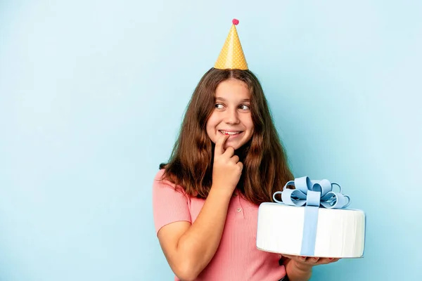 Little Caucasian Girl Celebrating Her Birthday Holding Cake Isolated Blue — 스톡 사진