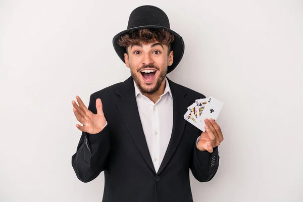 Young Arab Wizard Man Holding Magic Cards Isolated White Background — Fotografia de Stock