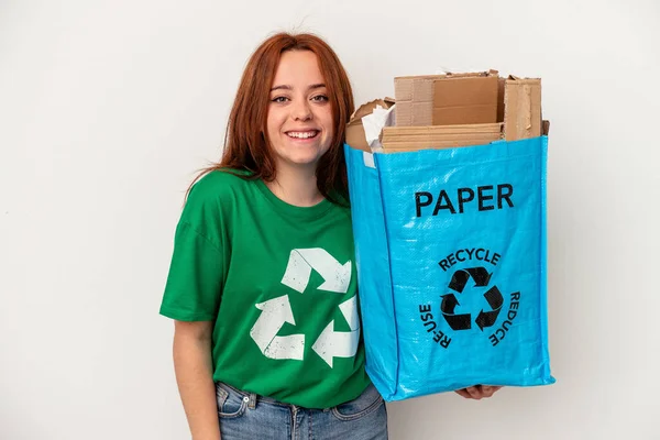 Young Caucasian Woman Recycled Paper Isolated White Background Laughing Having — Stockfoto