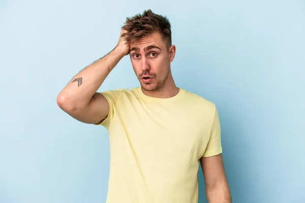 Young Caucasian Man Isolated Blue Background Being Shocked She Has — Stock Photo, Image