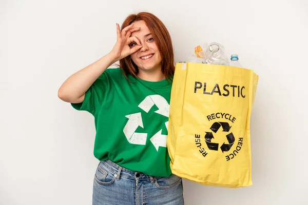 Young Caucasian Woman Recycled Plastic Isolated White Background Excited Keeping — 图库照片