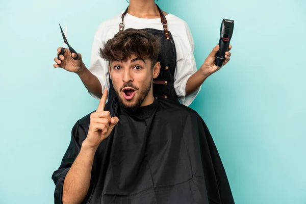 Young Arab Man Ready Get Haircut Isolated Blue Background Having — Stock Photo, Image