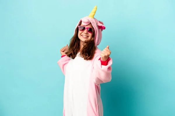 Little Caucasian Girl Wearing Unicorn Pajama Isolated Pink Background — Stock Photo, Image
