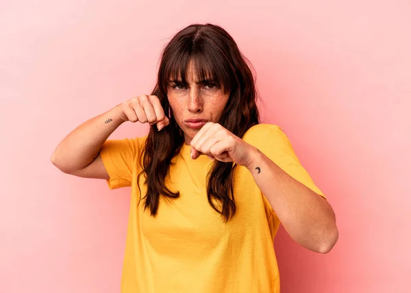 Young Argentinian Woman Isolated Pink Background Throwing Punch Anger Fighting —  Fotos de Stock