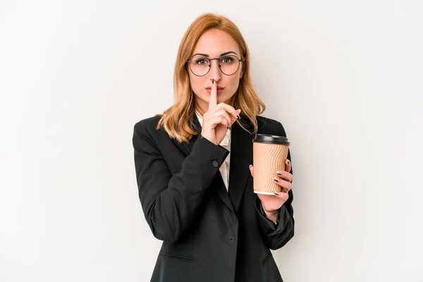 Young Business Caucasian Woman Holding Take Away Coffee Isolated White — 스톡 사진