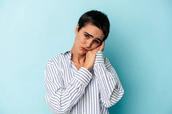 Young Caucasian Woman Isolated Blue Background Yawning Showing Tired Gesture — Stock Photo, Image