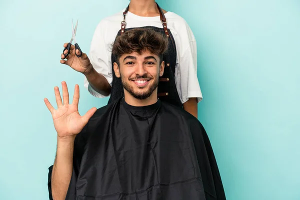 Young Arab Man Ready Get Haircut Isolated Blue Background Smiling — Stock Photo, Image