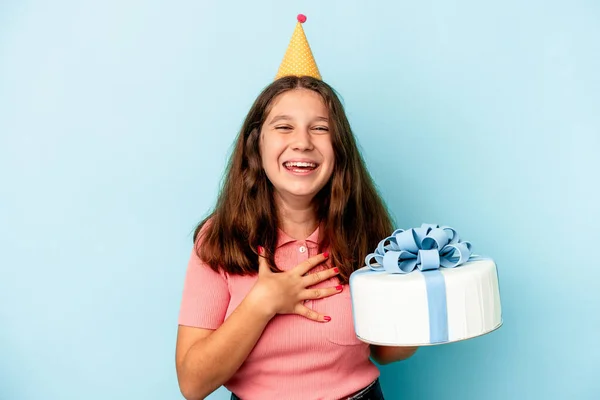 Little Caucasian Girl Celebrating Her Birthday Holding Cake Isolated Blue — ストック写真