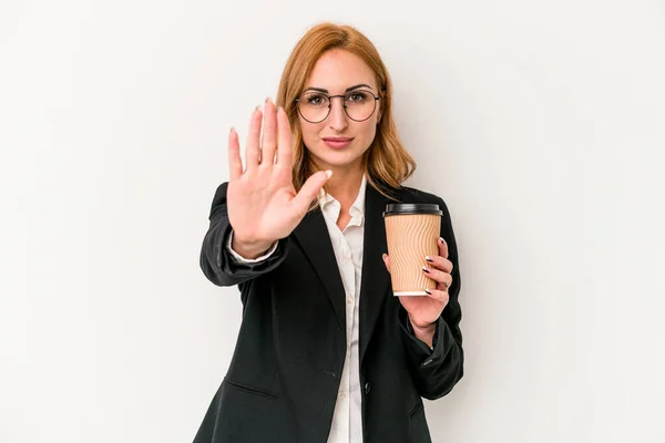 Young Business Caucasian Woman Holding Take Away Coffee Isolated White —  Fotos de Stock
