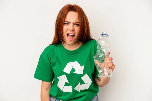 Young Caucasian Woman Recycled Plastic Isolated White Background — Stok Foto