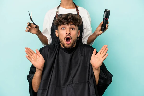 Young Arab Man Ready Get Haircut Isolated Blue Background Surprised — Stock Photo, Image