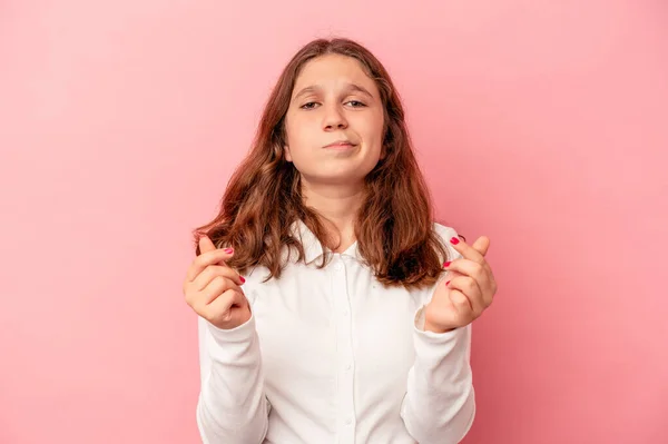 Little Caucasian Girl Isolated Pink Background Showing She Has Money — Stock Photo, Image