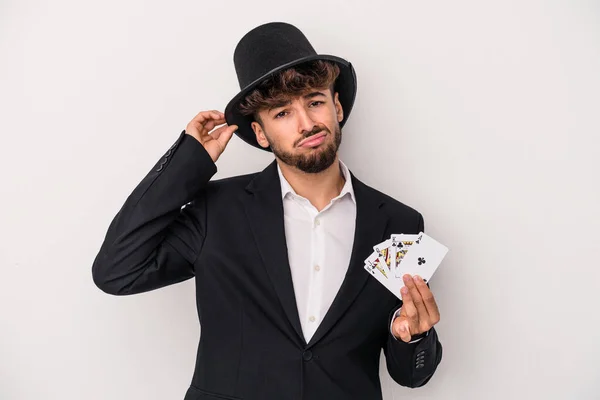 Young Arab Wizard Man Holding Magic Cards Isolated White Background — стоковое фото