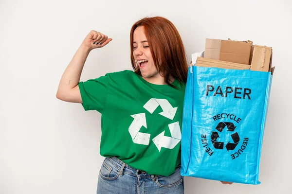 Young Caucasian Woman Recycled Paper Isolated White Background Raising Fist — Fotografia de Stock