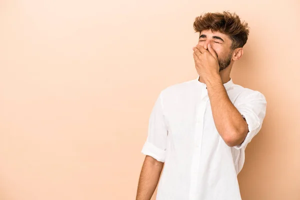 Young Arab Man Isolated Beige Background Laughing Happy Carefree Natural —  Fotos de Stock