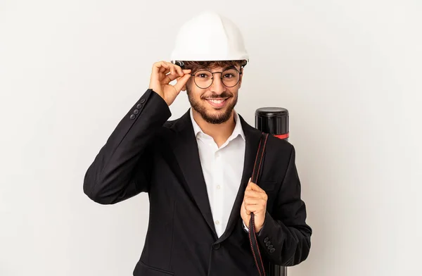 Young Mixed Race Architect Man Wearing Helmet Isolated Grey Background — стоковое фото