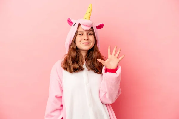 Little Caucasian Girl Wearing Unicorn Pajama Isolated Pink Background Smiling — Stock Photo, Image