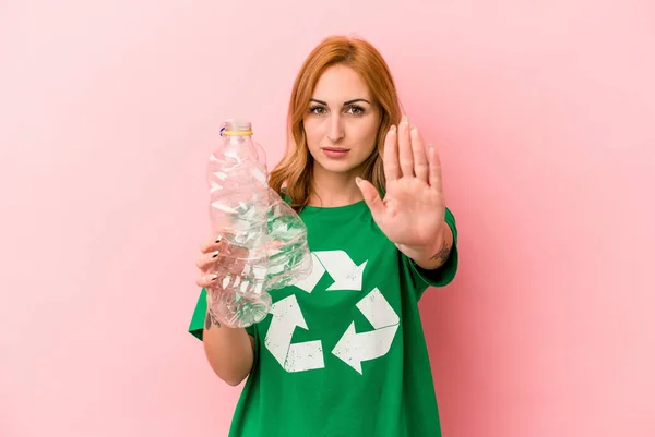 Young Caucasian Woman Recycled Plastic Isolated Pink Background — Stockfoto