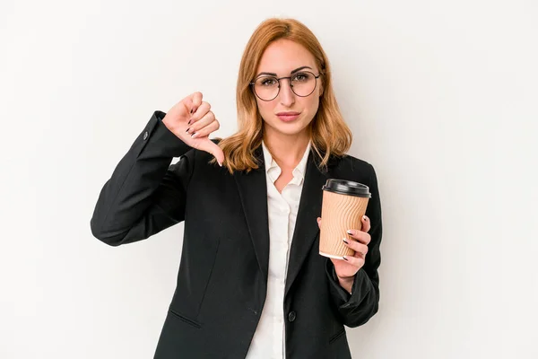 Young Business Caucasian Woman Holding Take Away Coffee Isolated White — 스톡 사진