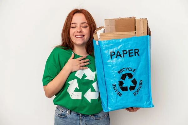 Young Caucasian Woman Recycled Paper Isolated White Background Laughs Out — ストック写真