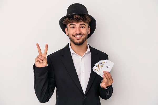 Young Arab Wizard Man Holding Magic Cards Isolated White Background — Stock fotografie