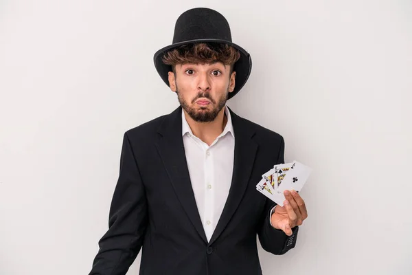 Young Arab Wizard Man Holding Magic Cards Isolated White Background — Photo