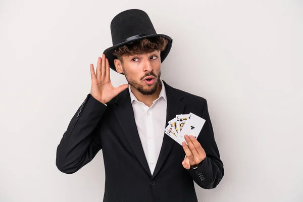 Young Arab Wizard Man Holding Magic Cards Isolated White Background — 스톡 사진