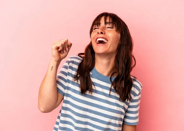 Young Argentinian Woman Isolated Pink Background Celebrating Victory Passion Enthusiasm — Fotografia de Stock