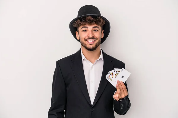 Young Arab Wizard Man Holding Magic Cards Isolated White Background — стоковое фото