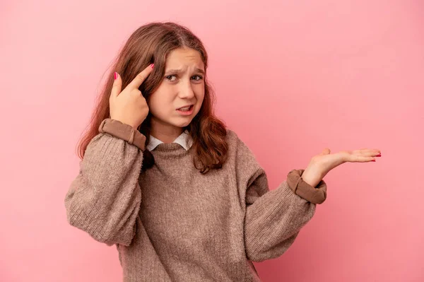 Little Caucasian Girl Isolated Pink Background Holding Showing Product Hand — Stock Photo, Image