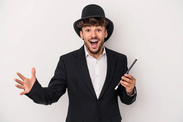 Young Arab Wizard Man Holding Wand Isolated White Background Receiving — Stock fotografie