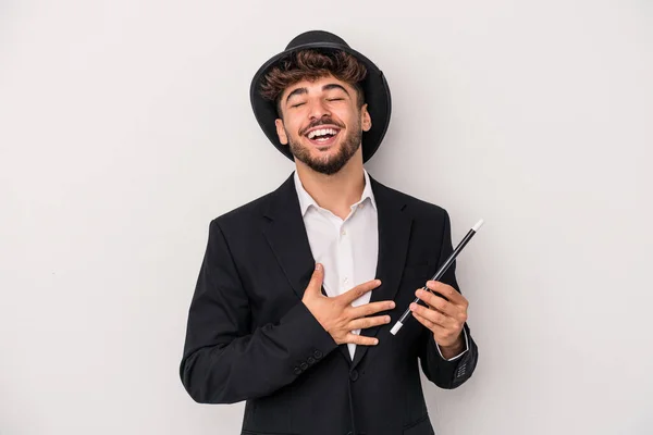Young Arab Wizard Man Holding Wand Isolated White Background Laughs — Stock fotografie