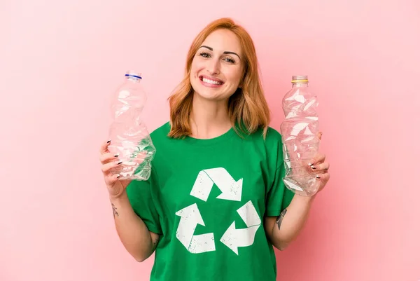 Young Caucasian Woman Recycled Plastic Isolated Pink Background — Foto Stock