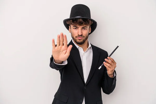 Young Arab Wizard Man Holding Wand Isolated White Background Standing — Stock Photo, Image