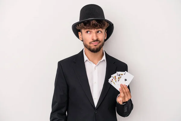 Young Arab Wizard Man Holding Magic Cards Isolated White Background — Photo