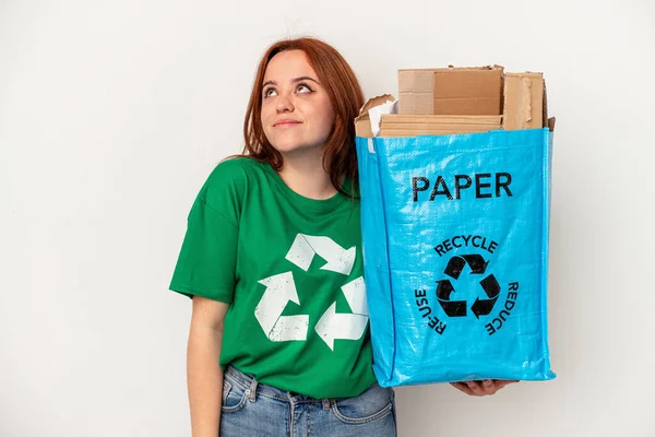 Young Caucasian Woman Recycled Paper Isolated White Background Dreaming Achieving — Zdjęcie stockowe