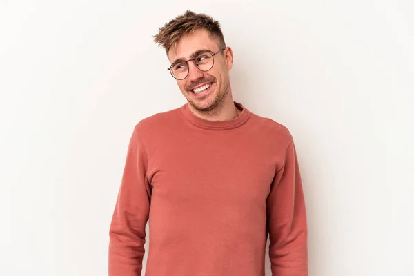 Young Caucasian Man Isolated White Background Laughs Closes Eyes Feels — Stock Photo, Image