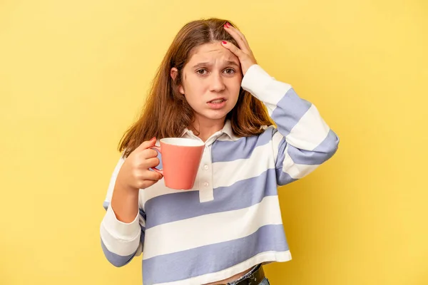 Little Caucasian Girl Holding Pink Mug Isolated Yellow Background Being — Stock Photo, Image