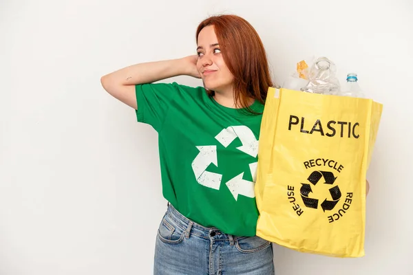 Young Caucasian Woman Recycled Plastic Isolated White Background Touching Back — kuvapankkivalokuva