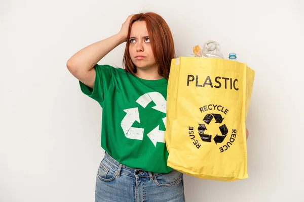 Young Caucasian Woman Recycled Plastic Isolated White Background Being Shocked — 图库照片