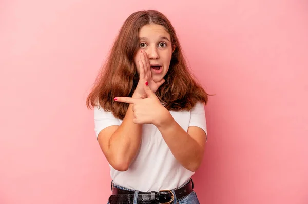 Little Caucasian Girl Isolated Pink Background Saying Gossip Pointing Side — Stock Photo, Image