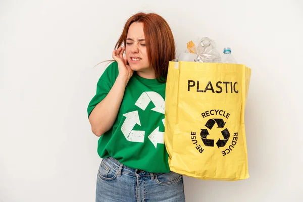 Young Caucasian Woman Recycled Plastic Isolated White Background Covering Ears — Stockfoto