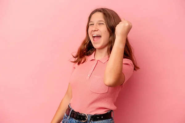 Little Caucasian Girl Isolated Pink Background Celebrating Victory Passion Enthusiasm — Stock Photo, Image
