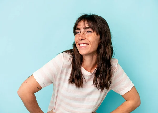 Young Argentinian Woman Isolated Blue Background Happy Smiling Cheerful — 스톡 사진