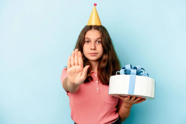 Little Caucasian Girl Celebrating Her Birthday Holding Cake Isolated Blue — 스톡 사진