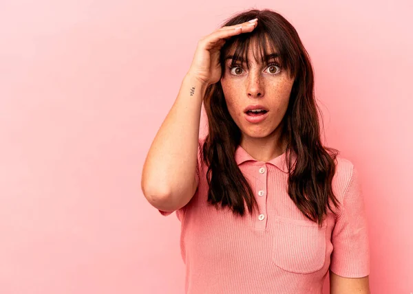 Young Argentinian Woman Isolated Pink Background Shouts Loud Keeps Eyes —  Fotos de Stock