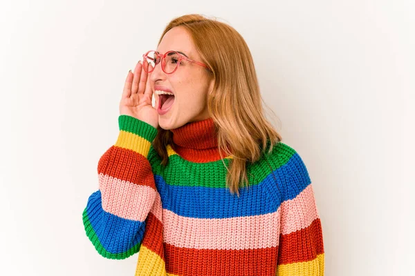 Young Caucasian Woman Wearing Sweater Stripes Isolated White Background Shouting — Fotografia de Stock