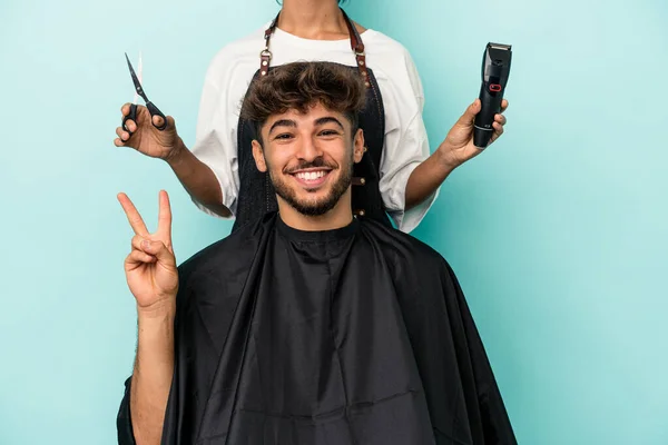 Young Arab Man Ready Get Haircut Isolated Blue Background Joyful — 图库照片