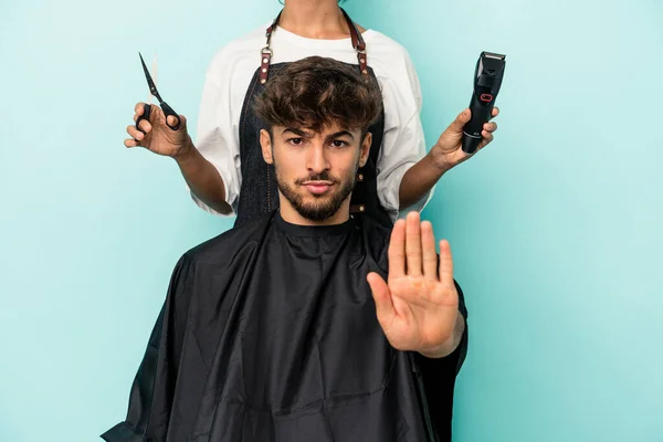 Young Arab Man Ready Get Haircut Isolated Blue Background Standing — Fotografia de Stock